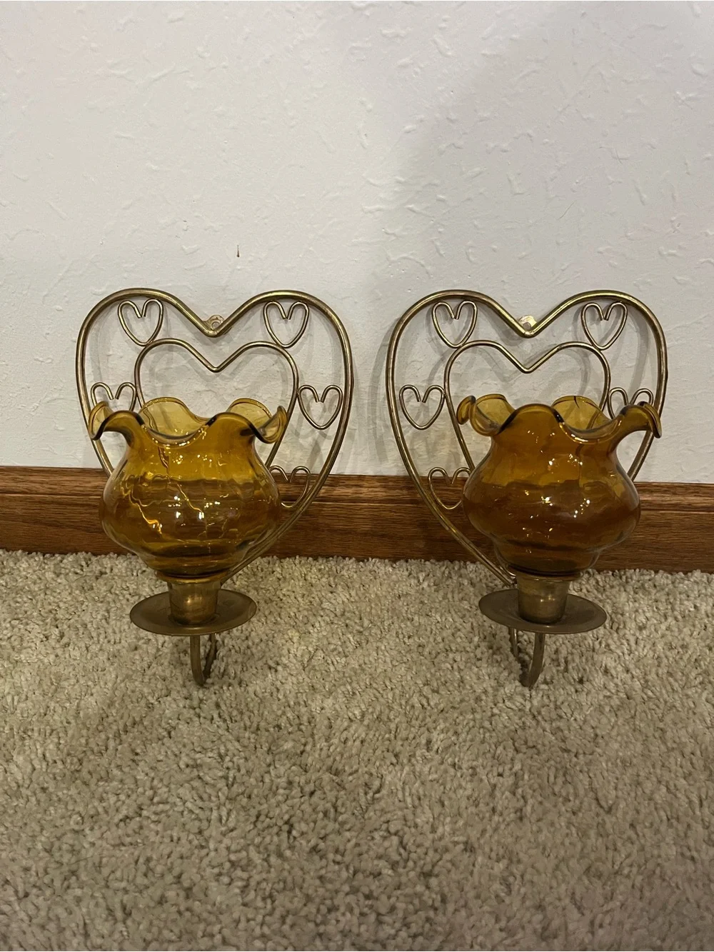 Home Interiors Amber Glass Heart Wall Sconces with Ruffled Shades